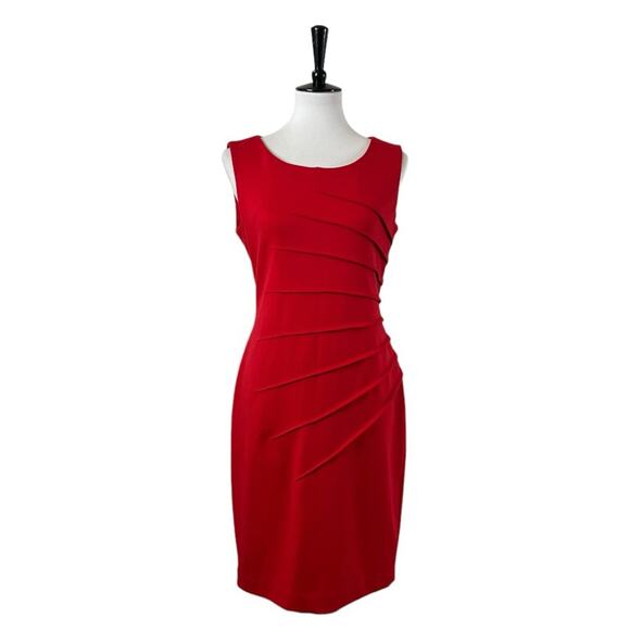 Calvin Klein Sheath Dress Sunburst Ruched Sleeveless Red Crimson Women’s Size 8 - Picture 2 of 15